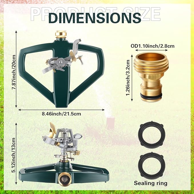 3 Sets Rotating 360 Degree Swivel Garden Sprinkler Pulsating Impact Sprinkler with Metal Base, Heavy Duty Adjustable Garden Hose Sprinklers System for Large Area Lawn Yard(Small Head)