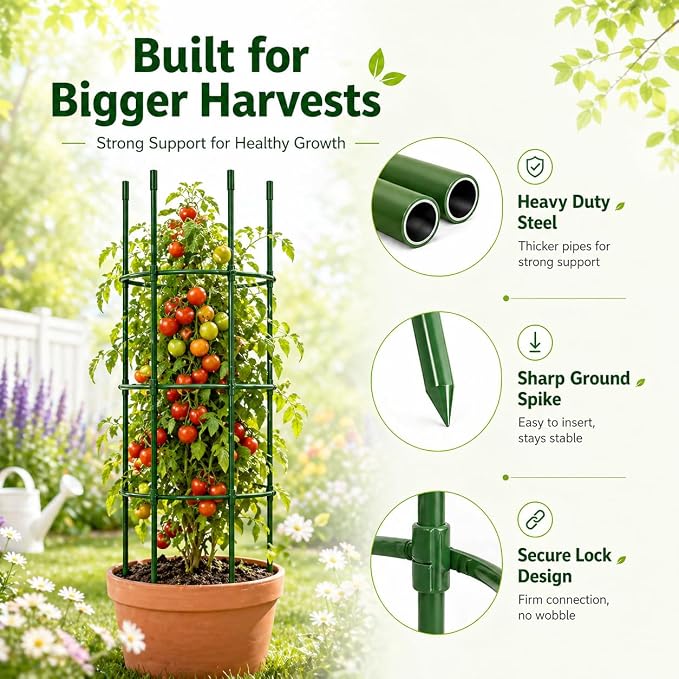 6 Pack Tomato Cages for Garden, 49" Adjustable Heavy Duty Round Tomato Cage, Metal Plant Support & Tomato Trellis for Raised Garden Bed, Pots, Vegetable & Climbing Plant Support Stakes (6)