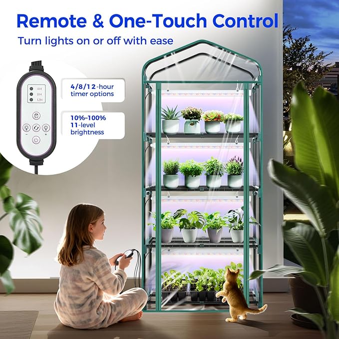 Indoor Greenhouse with Grow Light, Ohuhu 4-Tier Mini Green House for Winter - Full Spectrum Greenhouses for Seed Starting Small Portable Green Houses Waterproof PVC Cover & Adjustable Shelves