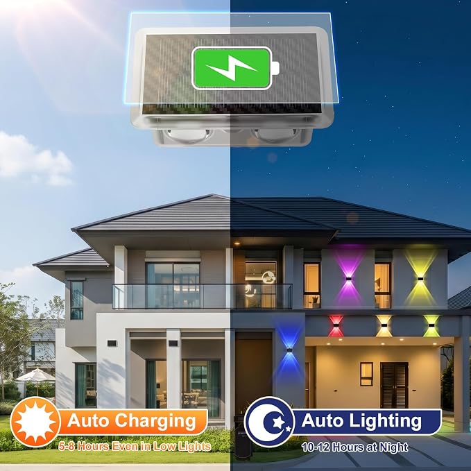 Solar Fence Lights Outdoor Waterproof LED, New Up Down Glow Wall lights Solar Powered with 8 Modes 6 Color Changing Warm White & RGB Cycling, Solar Patio Light for Backyard Railing Deck Decor-12 Pack