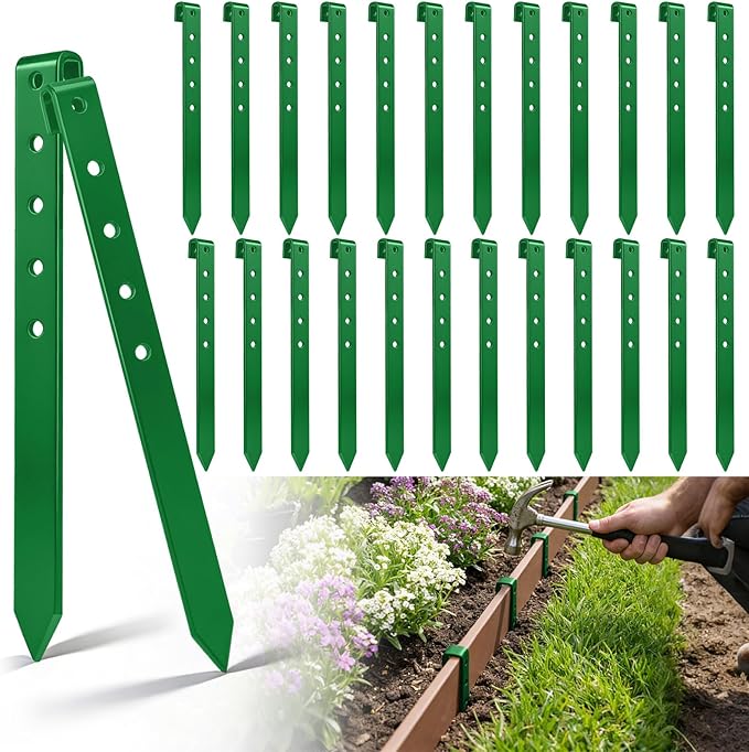 Fumete 36 Pcs 10'' Metal Landscape Stakes Bulk Garden Ground Edging Spikes with Holes Heavy Duty Anchoring Spike Carbon Steel Lawn Stake for Flowerbed Edging Grass Board Barrier Yard(Green)