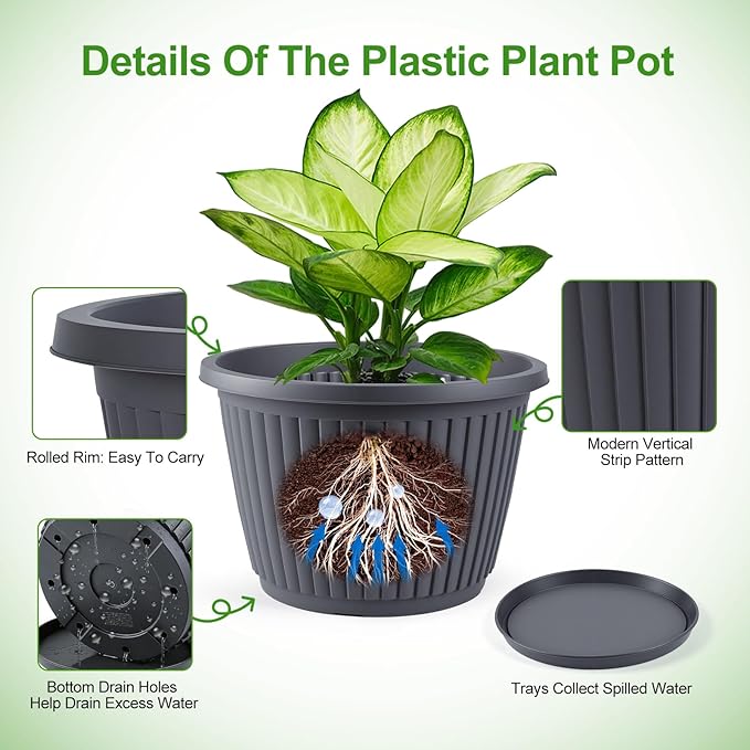 10-inch-Planters-for-Outdoor-Plant，Plastic Indoor Flower Pots with Drainage Holes & Saucer, 4 Packs Decorative Garden Pots for Plant for Home Porch Decor