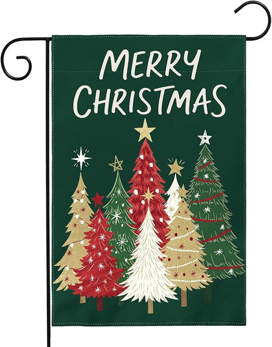 Merry Christmas Garden Flag 12x18 Inch Forest Green Xmas Tree Holiday Winter Decorative Yard Flags for Outside Double Sided Seasonal Outdoor Home Farmhouse Decoration Porch New Year Decor