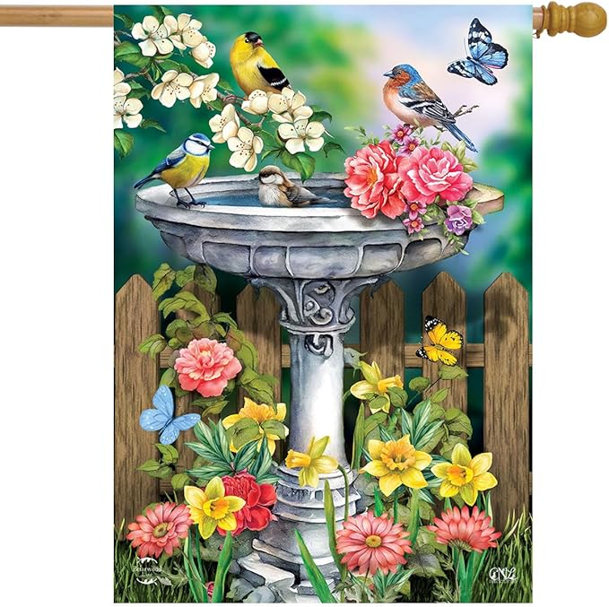 Birdbath in Bloom Spring House Flag 40" x 28" Briarwood Lane