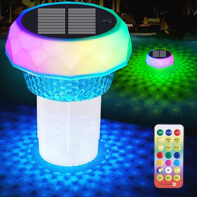 Solar Pool Chlorine Floater, Floating Colorful Induction Lights Chlorine Dispenser for 4x3'' Tablets, Adjustable Release & Easy Opening Holder for Indoor & Outdoor Swimming Pool Hot Tub and Spa