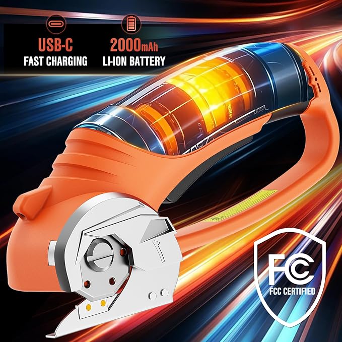 Cordless Electric Scissors 4V Rechargeable Cardboard Cutter with 4 SK5 Blades, 2000mAh Battery, LED Light, Electric Box Cutter 1/3” Cutting Capacity Power Cutter for Fabric Carpet Leather - Orange