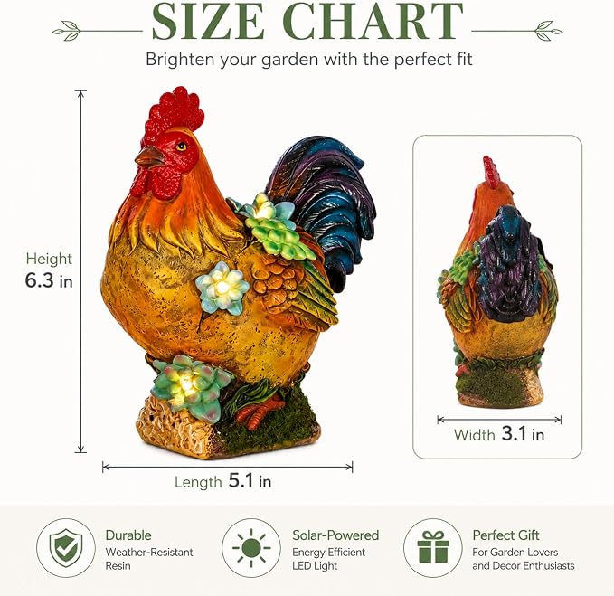 Solar Garden Statues Colorful Rooster and LED Lights Birthday Gifts for Women Mom Grandma Solar Outdoor Cat Decor for Outside,Outdoor Solar Lights for Yard, Garden and Patio, Unique Gift for Women