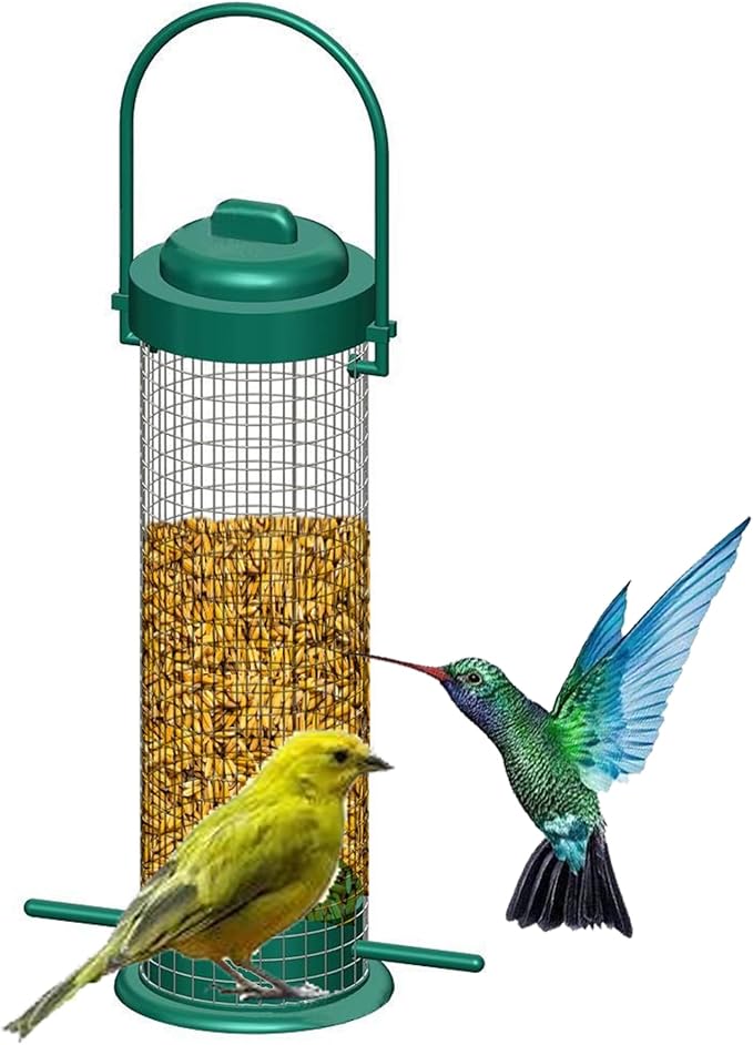 Metal Mesh Tube Bird Feeders for Outdoors Hanging, Squirrel Proof Wild Bird Feeders, Finch Bird Feeder for Thistle Seed, for Outside Cardinals Finches Blue Jays (2 Pack Green)
