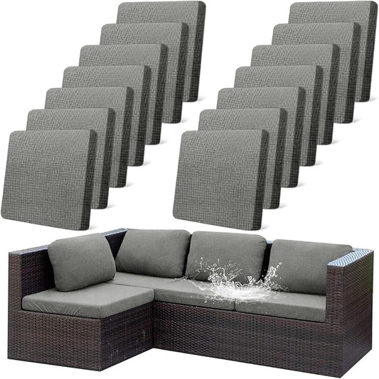 CALBODE 14Pcs Outdoor Stretch Cushion Covers,Waterproof Outdoor Chair Cushion Covers for Patio Furniture, Washable Jacquard Couch Covers Replacement for Patio Furniture(Grey, Cover Only)