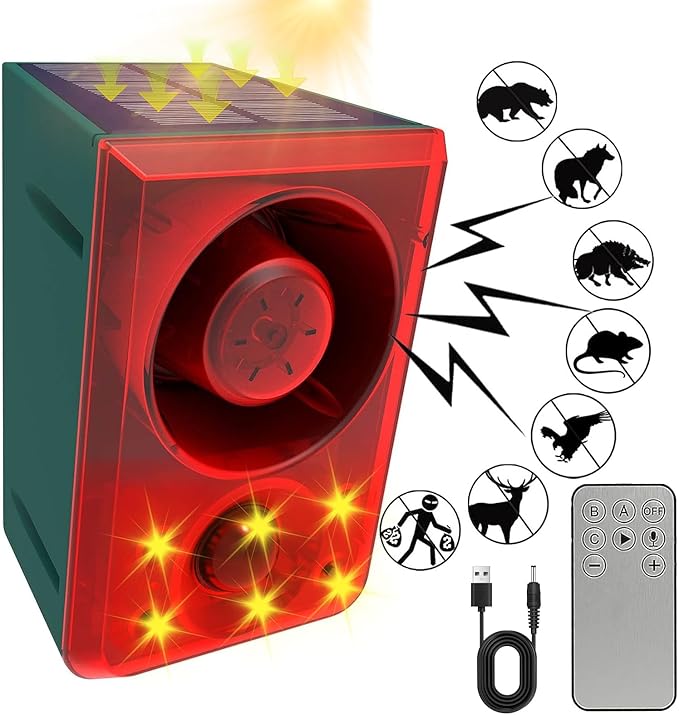 ChunHee Solar Outdoor Motion Sensor Alarm with Dog Barking Gunshot Sound, Support Recording and Adjustable Volume, 130db Loud Noise Maker 3 Work Modes Strobe Light for Home, Villa, Farm, Barn (1pack)