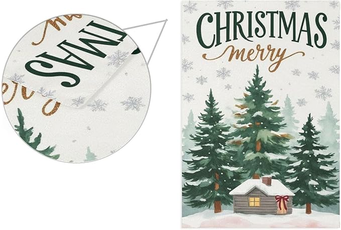 Christmas Tree Snowflake House Flag 28x40 Inch Double Sided Outside Winter Cabin Snow Scene Xmas Seasonal Yard Outdoor Flag Banner for Garden Lawn Patio Holiday Decorations