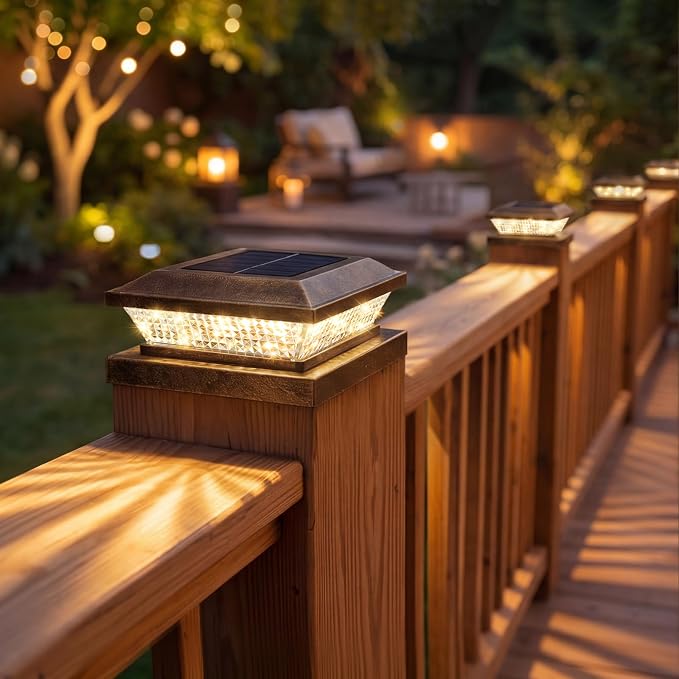 Mlambert 4x4 Solar Post Cap Lights Outdoor 8 Pack, Waterproof Solar Fence Light for Wooden/Vinyl Post, 2 Color Outside Deck Patio Porch Decor, Brown