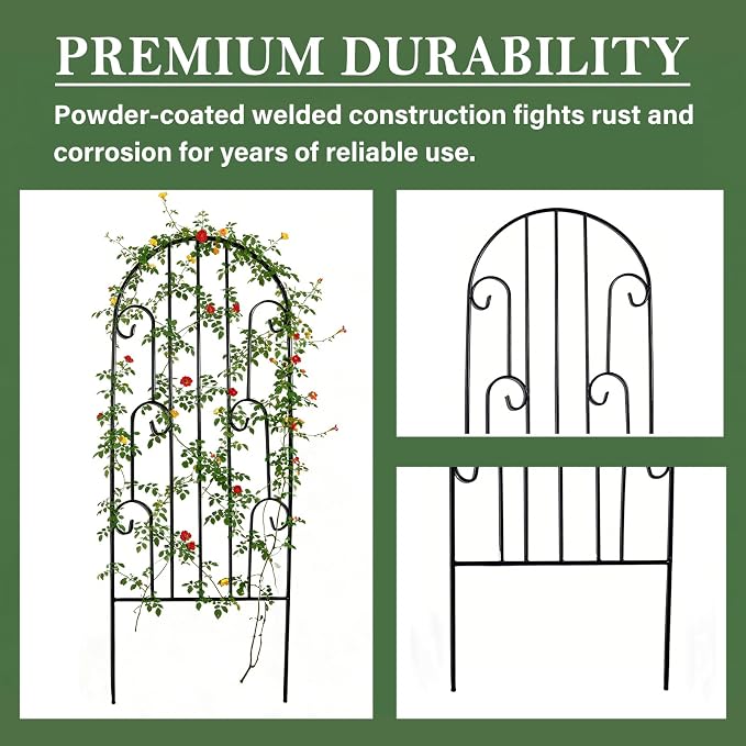 4 Pack Arched Metal Garden Trellis for Climbing Plants 45" H x 15.9" W – Rustproof Iron Trellis with Decorative Scrollwork, Metal Trellised Wire Lattices Grid Panels for Roses, Clematis, Vines