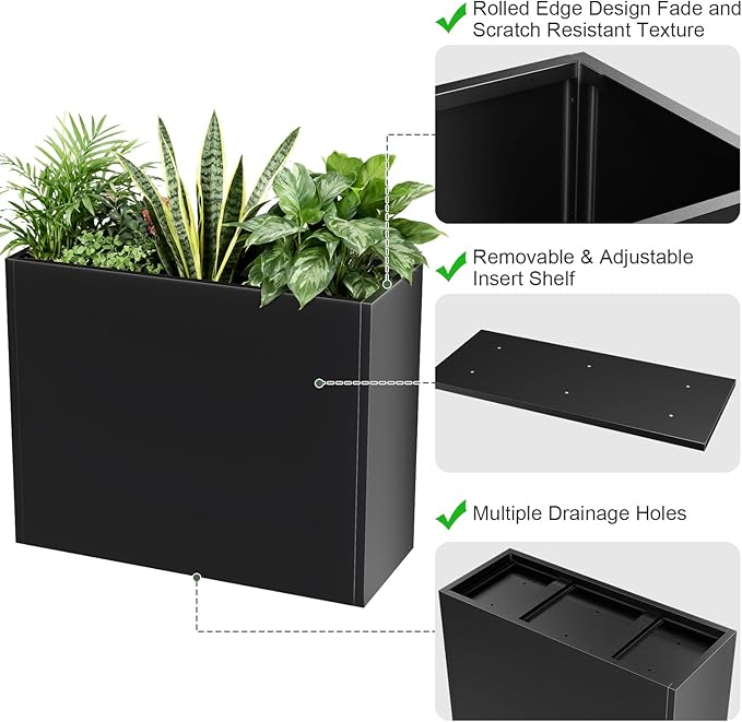 Nessxa Tall Metal Planter Box for Outdoor Plants 38" L x 13" W x 30", Heavy Duty Steel Large Rectangular Planter Box with Removable Insert Shelf, Modern Décor for Tall Plants, Trees, Flowers (Black)