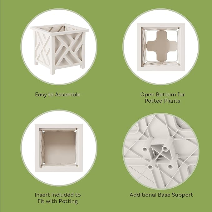 Lattice Design Outdoor Planter Box 2-Pack - 14.75” Square 13” Tall White Decorative Plant Pots for Front Porch Decor - Flower Pots Outdoor Planters for Porch Patio or Garden Decor by Pure Garden