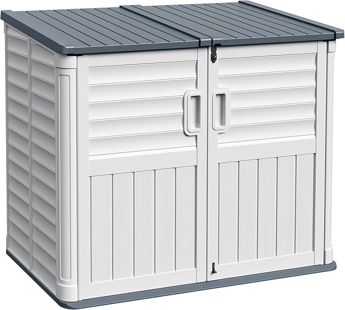 Devoko Resin Outdoor Storage Shed, 34 Cu Ft Outdoor Storage Cabinet Without Shelf, Waterproof, Double Locks, Resin Storage for Trash Can, Garden Tools, Pool Supplies (Beige)