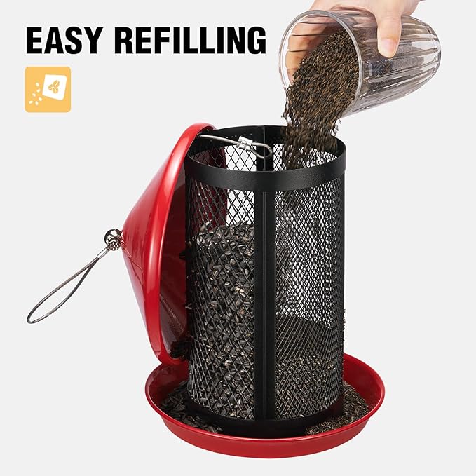 Veehoo Metal Bird Feeder for Outdoors-Dual Seed Chambers & Wild Bird Feeder Hanging Bird Feeder for Outside, Mesh Tube Feeder with Weatherproof Roof for Cardinal Bluebird Finch, Red