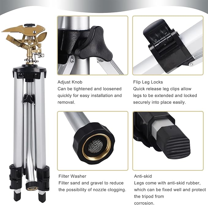 Biswing Large Impact Sprinkler Head on Tripod Base, Adjustable Zinc Alloy Lawn Sprinklers for Yard Lawn Garden, 3/4" NH Connector, 360 Degree Large Area Coverage Irrigator with Extension Legs, 1 Pack