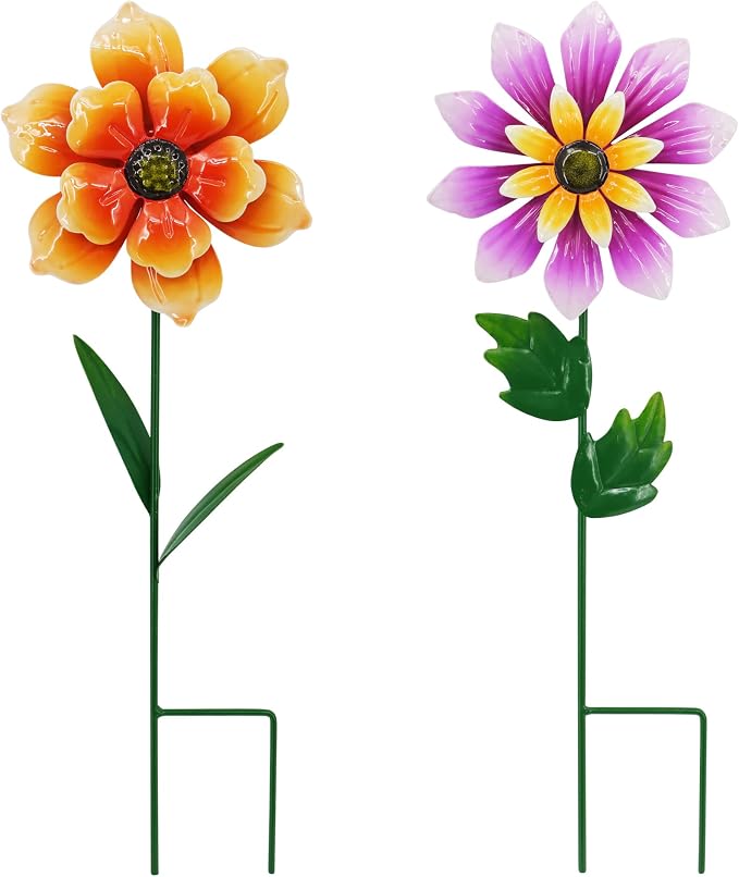 2 Pack Metal Flower Wind Spinner for Yard, 18in Outdoor Garden Stake with Retro Floral Design, Kinetic Patio Lawn Art, Weather Resistant Spring Decor