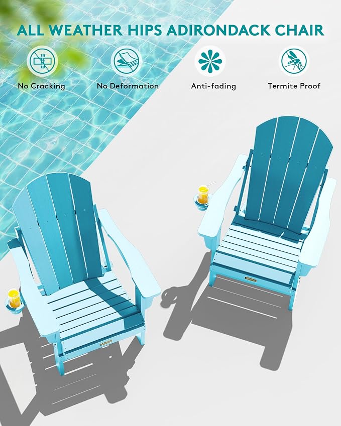 SERWALL Folding Adirondack Chair with Cup Holder Weather Resistant Patio Chair Outdoor Chairs Painted Adirondack Chairs Set of 2 - Aruba Blue