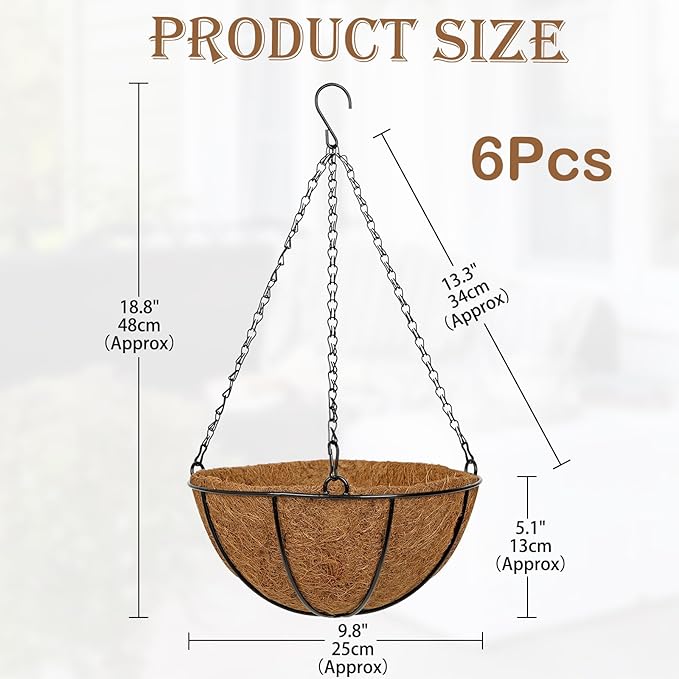 10 Inch Metal Hanging Basket with Coco Coir Liner for Flowers Planting, 6 Pack Hanging Baskets for Plants Outdoor, Round Wire Planters with Chain for Home Patio Porch Balcony Garden Decor