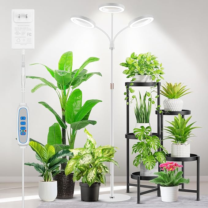 Aumtrly Grow Lights for Indoor Plants, 3 Head Full Spectrum Plant Light with 68" Adjustable Stand for Growing Large Tall Plants, White Halo Floor LED Grow Lamp with 16 Hour Timer