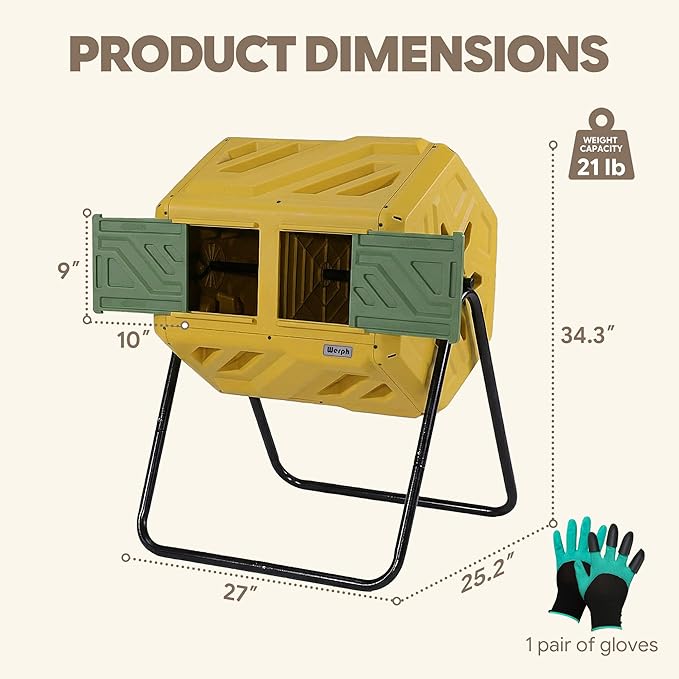 Werph Updated 43 Gallon Dual-Chamber Compost Bin, Fast Assembly Outdoor Compost Tumbler, Rotating Batch Composter Bin with Gloves for Garden, Kitchen, and Yard
