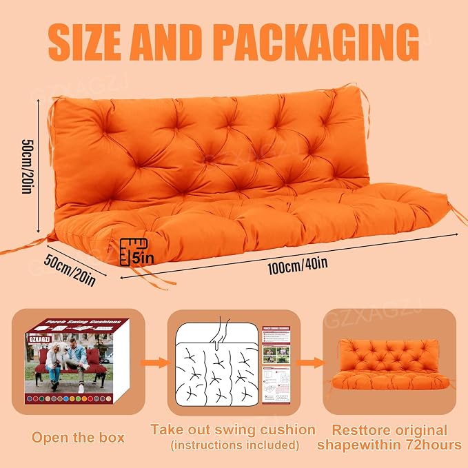 Porch Swing Cushions Outdoor 40x40 inch Waterproof Extra Thick 5" Swing Cushions Replacement with Backrest and Ties for Outdoor Furniture Porch Patio Garden Lawn (Orange)