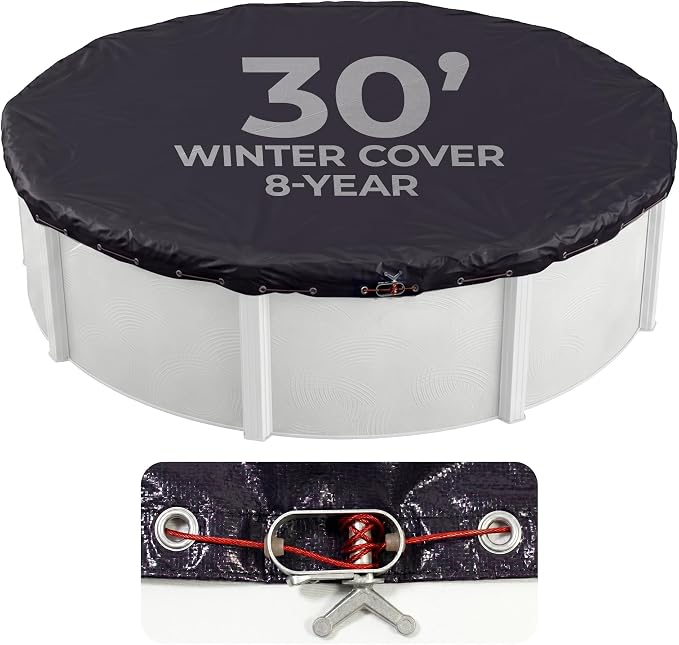 Dirt Defender 8-Year 30-Feet Round Above-Ground Winter Pool Cover | Solid polyethylene, heat-sealed seams, underside, cable, winch, grommets, 4-ft overlap, 8-yr support, blocks debris & snow