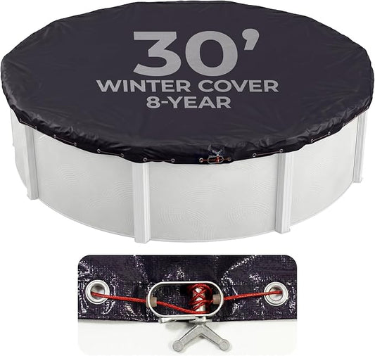 Dirt Defender 8-Year 30-Feet Round Above-Ground Winter Pool Cover | Solid polyethylene, heat-sealed seams, underside, cable, winch, grommets, 4-ft overlap, 8-yr support, blocks debris & snow