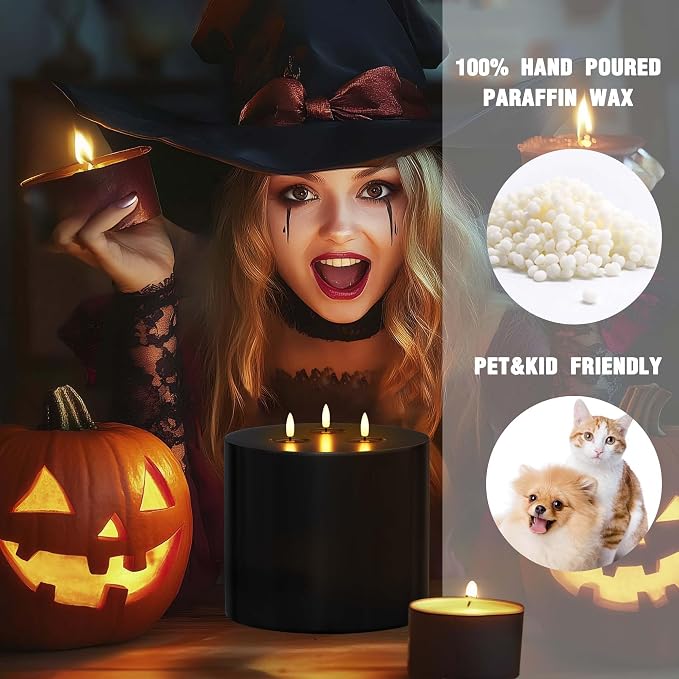 Black Extra Large Flameless Candles 6"x6" Battery Operated Candle with Remote Real Wax 3 Wick Led Candles Flickering Flame Fake Candles for Halloween Harvest Festival Christmas Home Decor