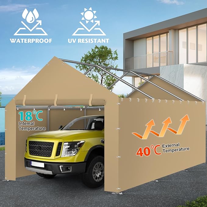 Carport Replacement Canopy Cover Sidewalls for 10x20x9.35FT Frame, Heavy Duty Garage Car Tent Shelter Tarp with Ball Bungees, Waterproof & UV Protected (Frame is not Included) (Beige)