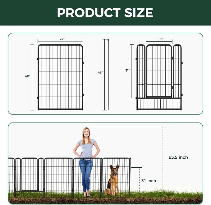 FXW Garden Fence Outdoor for the Yard – 40in(H) x 18.2ft(L) Heavy Duty Metal Animal Barrier for Dog, No Dig Decorative Dog Fence, 8 Panels, Black