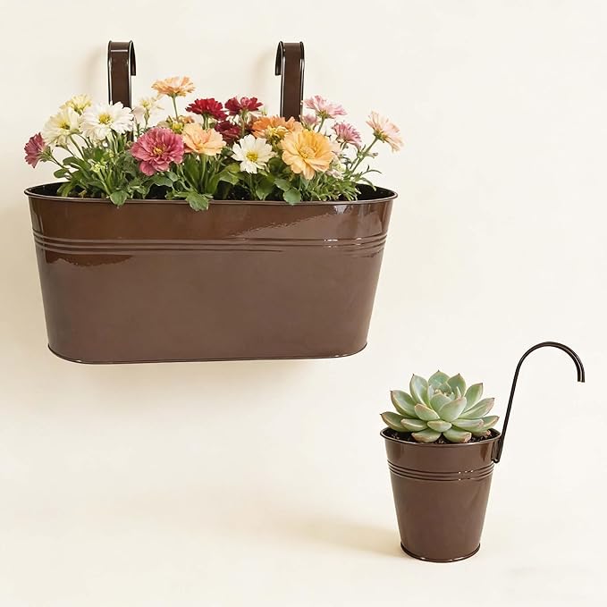 Set of 4 Outdoor Metal Railing Planters Box - 2 Pcs 5.12" Round Balcony Hanging Planter & 2 Pcs 17" Oval Fence Pot with Detachable Hooks Drainage, Chocolate
