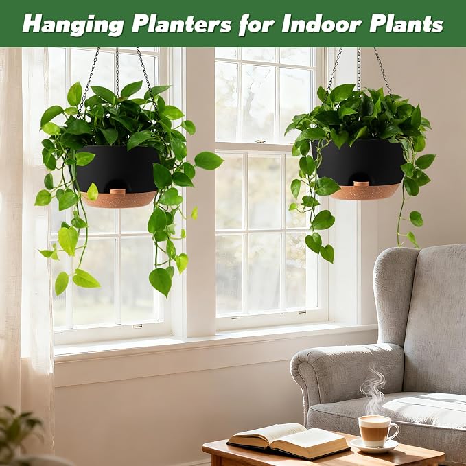 3-Piece Set of 10-Inch Hanging Planters with Automatic Watering System and Drip Tray, Includes Metal Chain, Suitable for Various Indoor and Outdoor Plants and Flowers, Black-Brown