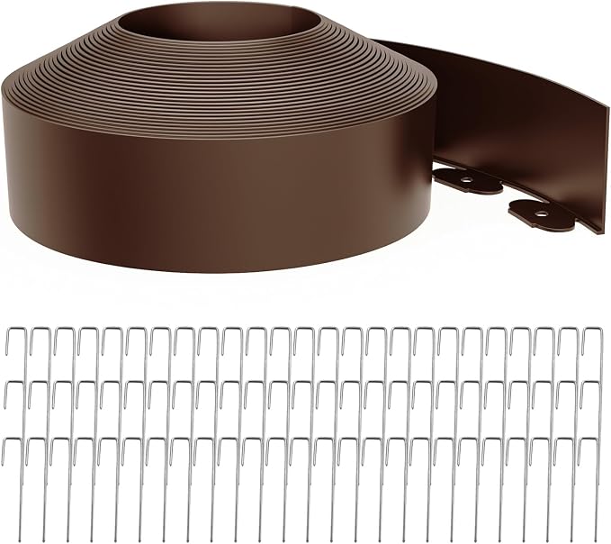 Landscape Edging 4 Inch Tall 60FT with 75Pcs Metal Spikes, Plastic Garden Edging Border Landscape Edging Border Lawn Edging for Landscaping, Flower Bed, Yard(Brown)