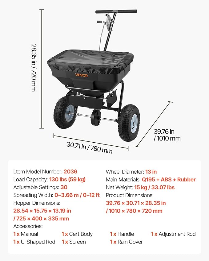 VEVOR Broadcast Spreader, 12ft Spreading Width, Push Broadcast Spreader with 13" All-Terrain Tires, Adjustable Flow Control, 130lbs Capacity Hopper, Lawn Spreaders for Fertilizer Seed Ice Melt