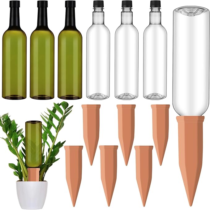 SiliFine 6 Sets Plant Watering Devices Include Terracotta Self Watering Spikes and 26 oz Plastic Bottles, Slow Release Vacation Insert Automatic Plant Waterer Device (Clear Green and Terracotta)
