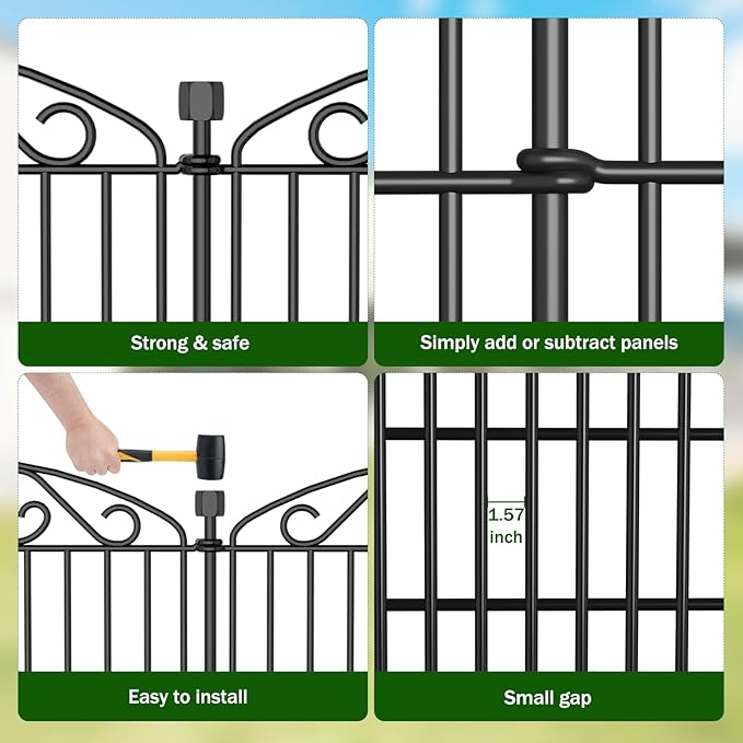 12 Panel No Dig Decorative Garden Fence - 42in H x 25.67 ft L, Tall Animal Barrier for Dogs Rabbits, Rustproof Metal Wire Panels for Yard, Patio, and Outdoor Border Use