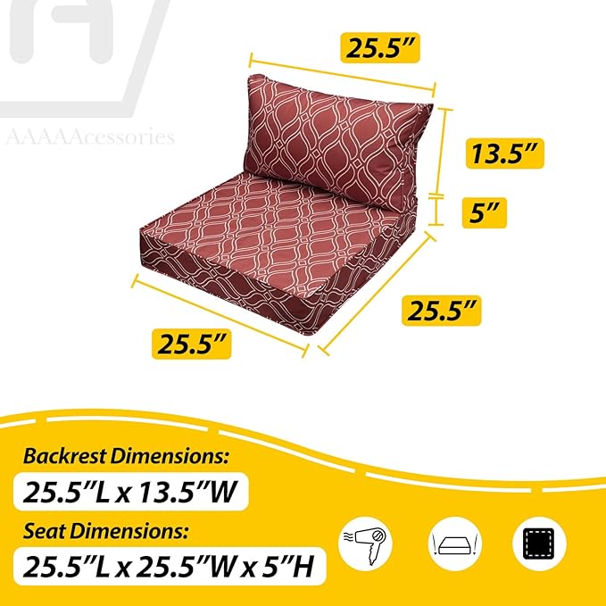 AAAAAcessories Outdoor Seat Cushions for Chairs, Fade-Resistant, Waterproof Patio Furniture Replacement Cushions, 25.5" x 25.5" x 5" + 25.5" x 13.5", Clay Red Vine Trellis