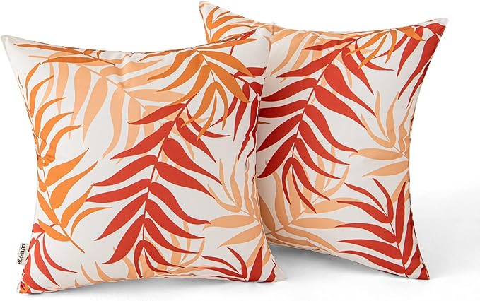 MIULEE Pack of 2 Fall Decorative Outdoor Waterproof Throw Pillow Covers Patio Pillow Cases Natural Leaves Pattern Spring Square Cushion Shams Shell for Garden Balcony Couch 20x20 Inch, Orange