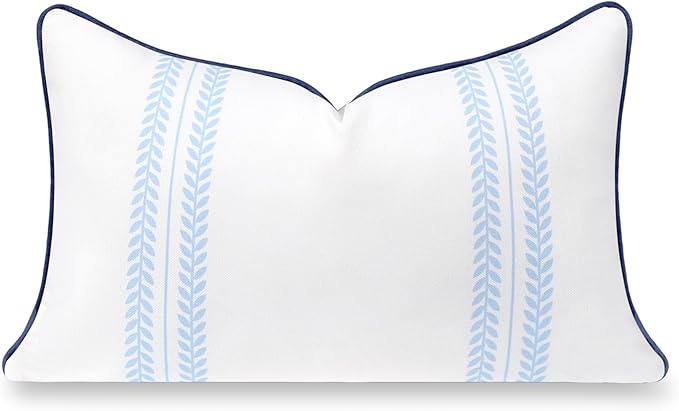 Hofdeco Premium Coastal Hampton Patio Indoor Outdoor Lumbar Pillow Cover Only, 12"x20" Water Repellent for Backyard, Couch, Poolside, Baby Blue Navy Print Leaf Striped