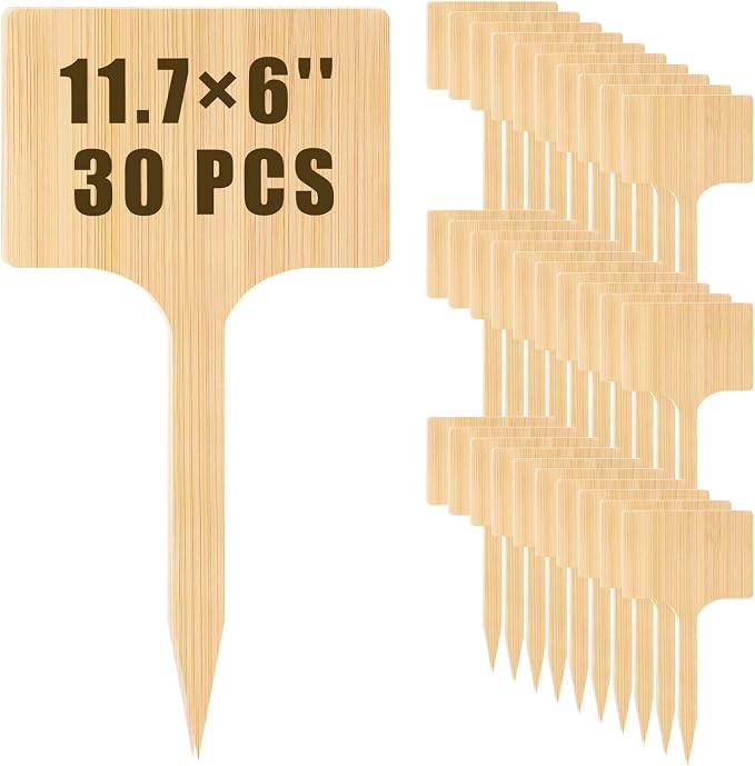 Hicarer 30 Pcs 11.74" x 6" Extra Large Bamboo Garden Markers, Natural Wood T-Type Large Plant Labels for Herbs, Flowers & Vegetables – Easy to Read Full-Size Tags for Garden Outdoor