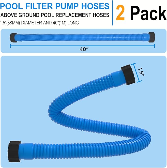 1.5" x 40" Pool Hose Replacement, Pack of 2 - Compatible with Above Ground Pools Filter Pump Hoses, Sand Filters, Saltwater Systems (1,500-2,500 GPH), Blue