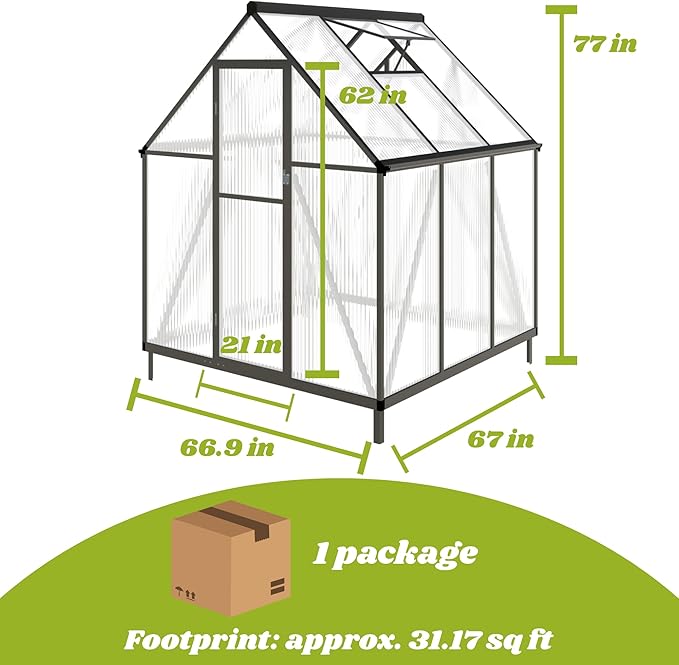 6x6 FT Greenhouse for Outdoors, Polycarbonate Greenhouse with Quick Setup Structure and Roof Vent, Aluminum Large Walk-in Green House for Outside Garden Backyard, Dark Gray