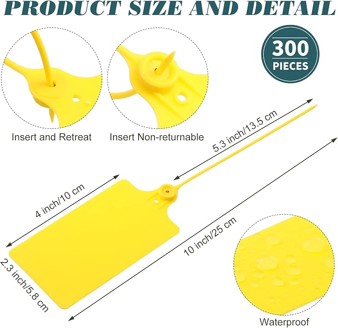 300 Pieces Plastic Tags Blank 2.3" x 10" Waterproof Plastic Shipping Tags Yellow Zip Tie Label Tags Bag Tags for Labeling Security Seals Writable Marker Ties Hanging Tags