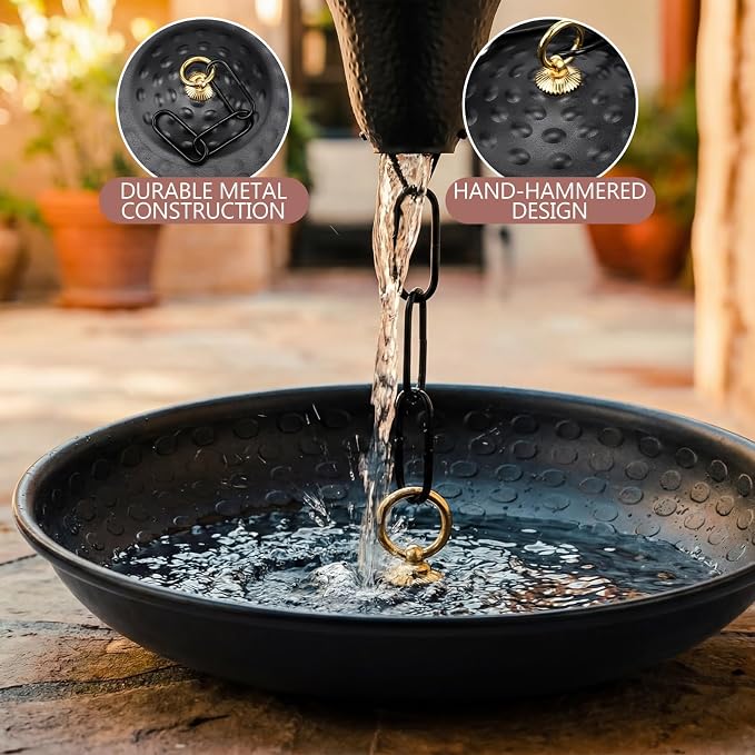 Zhengmy 2 Pack 11 Inch Black Rain Chains Anchoring Basin Hand Hammered Metal Bowl for Rain Chain Downspout Gutters for Outdoor Garden Lawn and Patio Water Feature