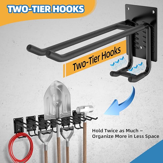 Tanzfrosch 12 Pack Garage Hooks Heavy Duty 10 INCH Two-Tier Steel Shed Wall Mount Workshop Garage Storage Organizer Hooks for Hanging Garden Tool, Hose, Ladder, Chairs, Bikes with Anti-Slip Coating