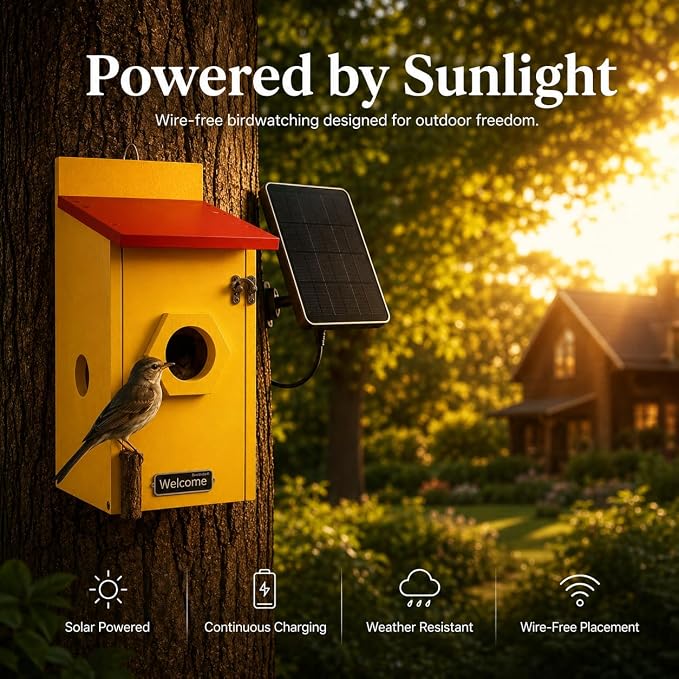 Smart Bird House with Camera, Solar Powered Birdhouse for Outdoor Bird Watching, AI Bird Recognition, 4MP Live View, Full-Color Night Vision, App Control, IP66 Waterproof
