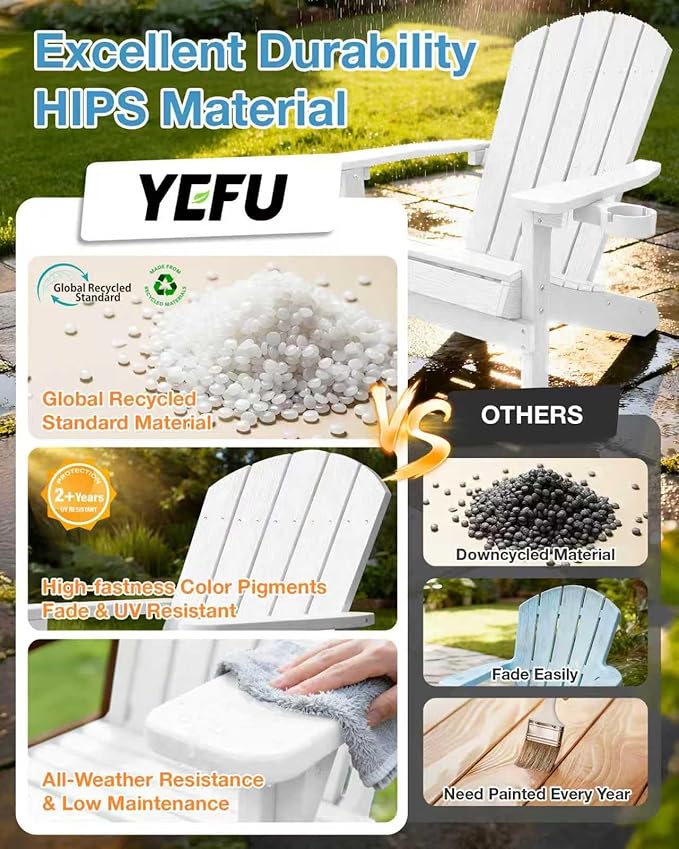 YEFU Adirondack Chair Weather Resistant: Outdoor Chair HIPS Plastic Adirondack Chairs - Patio Chairs with Wood Texture - Lawn Fire Pit Deck Porch Garden Chairs for Adults (White)